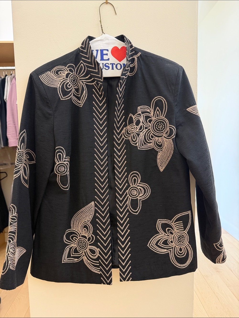 Black Embroidered Floral Open-Front Blazer